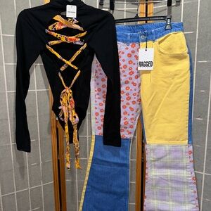 FULL OUTFIT Free People Black Corset Back Bodysuit and Colorful Patchwork Jeans